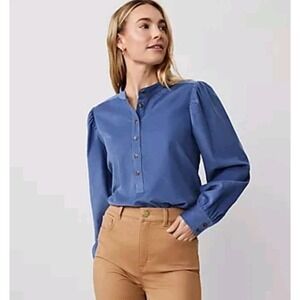 Ann Taylor Weekend Blue Corduroy Popover Henley Top Sz L Preppy Western